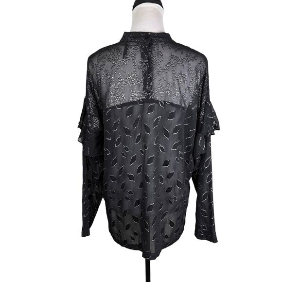 BCBGMaxazria Black Sheer Chiffon Silver Metallic Leaf Print High Neck Blouse - Picture 7 of 15